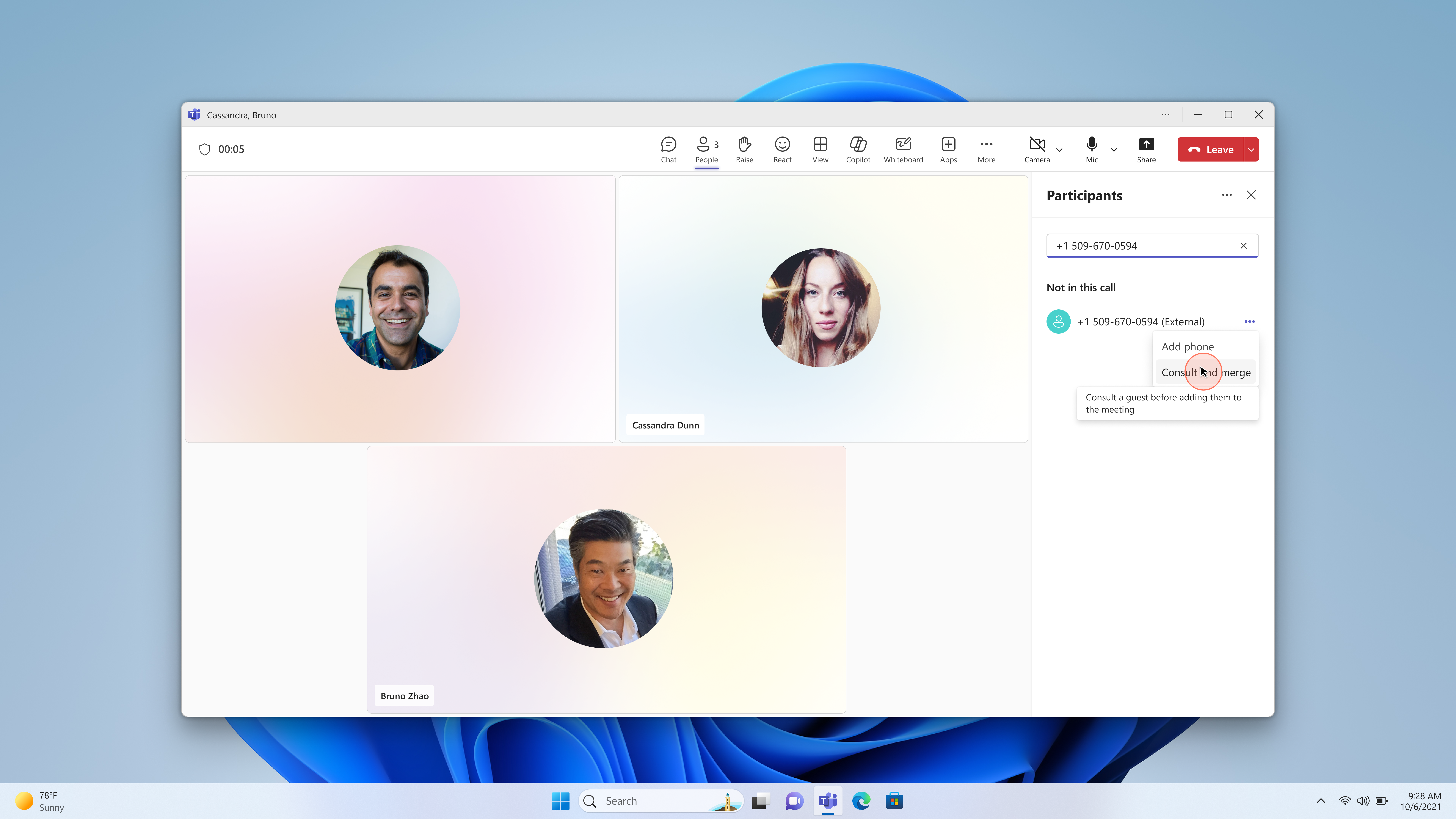 Screenshot of Teams meeting People tab showing Consult and merge option in the More actions menu.