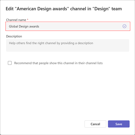A screenshot of the window for editing a channels name, description and visibility settings. Type the new channel name underneath Channel name.