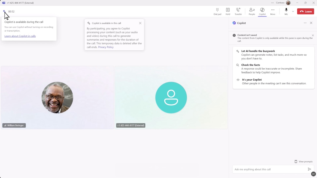 Copilot in calls without transcription