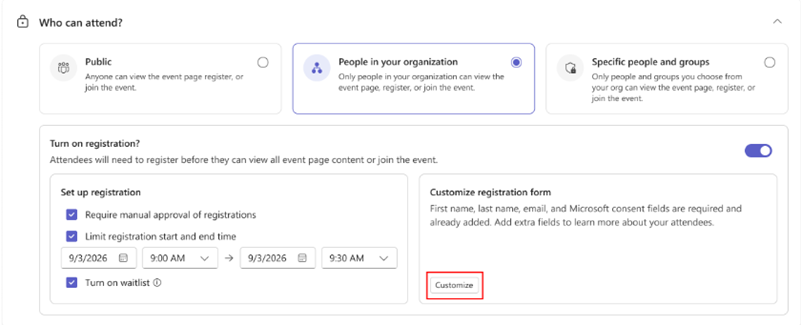 Screenshot of customization option in Teams event registration