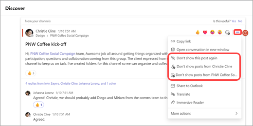 Screenshot showing more options menu from a post in the discover feed highlighting dont show options