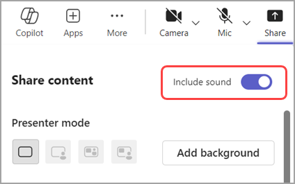 Turn on the Include sound toggle to share sound from the window youre sharing.