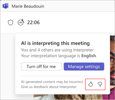 Screenshot highlighting Interpreter feedback buttons.