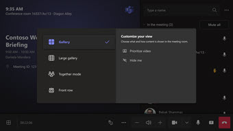 Microsoft Teams meeting interface with participant details. A view customization menu is open, offering gallery, large gallery, and front row layouts.