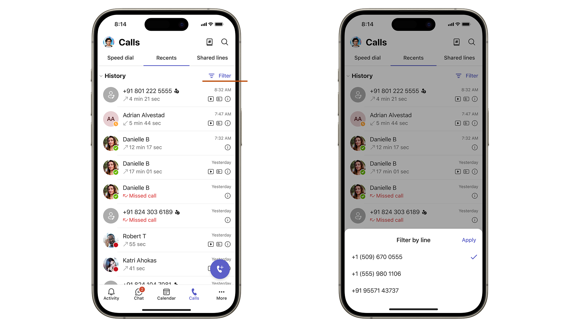 Screenshot showing the Teams Recents with phone line filter.