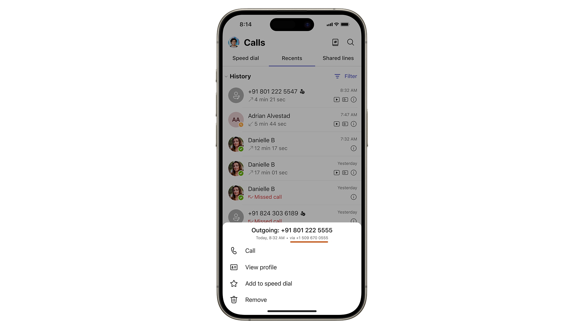 Screenshot showing the Call action menu with line information.