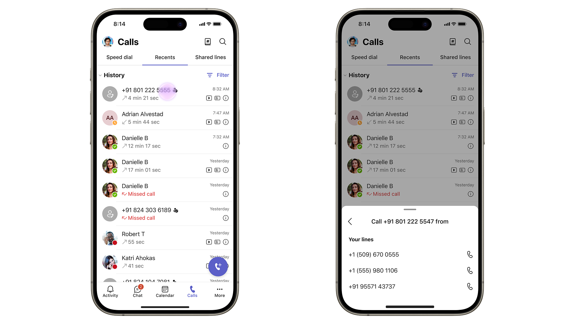 Screenshot showing the Teams Recents with multiple phone lines available.