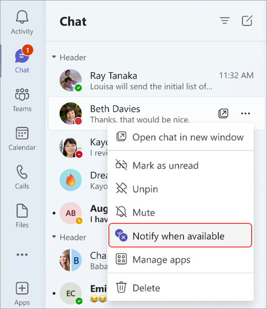 Screenshot showing how to be notified when someones status changes from a chat.