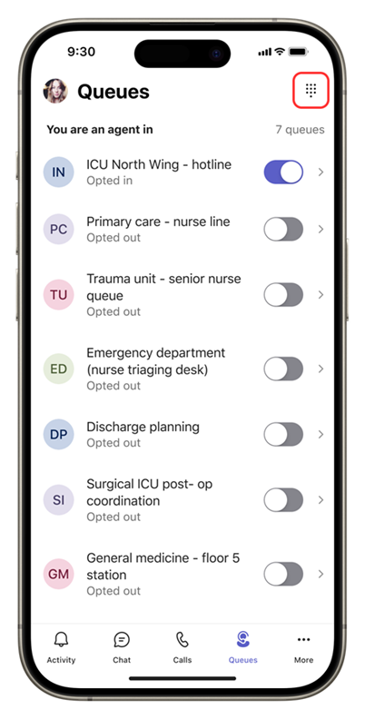 Screenshot of the Queues app on mobile, showing the dialpad in the upper-right corner.