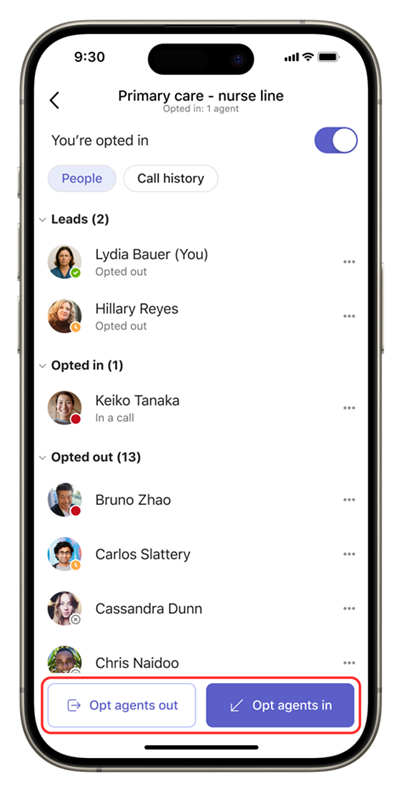 Screenshot of the People tab of Queues app on mobile, showing the Opt agents in and Opt agents out options for bulk selection.