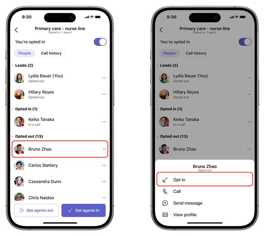 Screenshots of the People tab of the Queues app on mobile, showing the Opt in option for a selected person.