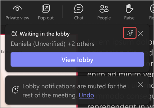 Screenshot of a lobby notification highlighting the Mute these notifications icon.