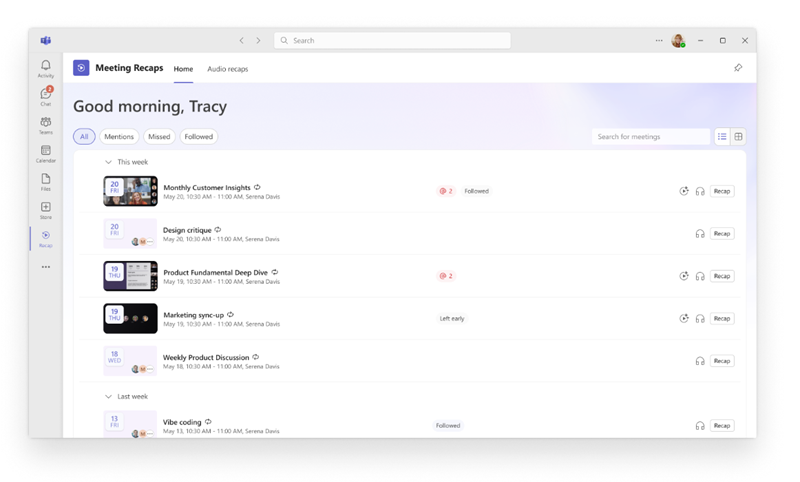 Screenshot that shows the Meeting Recaps app open in Microsoft Teams with a collection of past meeting recaps.