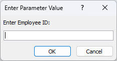 Shows an example of an expected Enter Parameter Value dialog box in Access, with an identifier labeled Enter Employee ID, a field in which to enter a value, and OK and Cancel buttons.