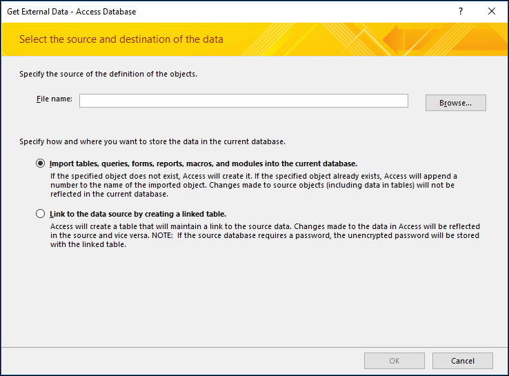 Screenshot of the get External Data - Access Database import wizard.