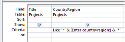 Query design grid with the following criteria in the CountryRegion column: Like * & [Enter country/region:] & *