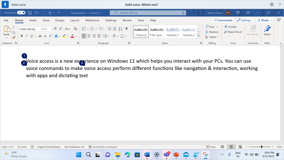 Word document showing the voice access command Bold.