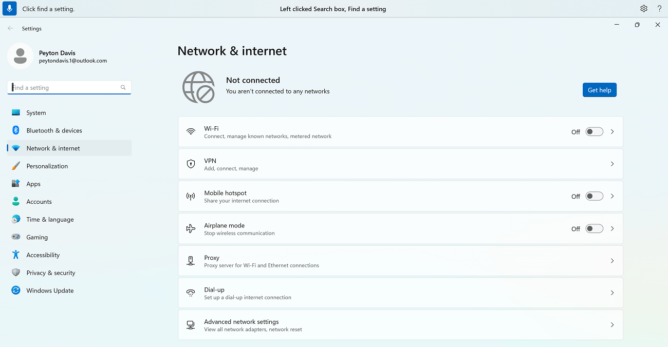 The voice access command Click find a setting used in the Windows Network & internet settings.