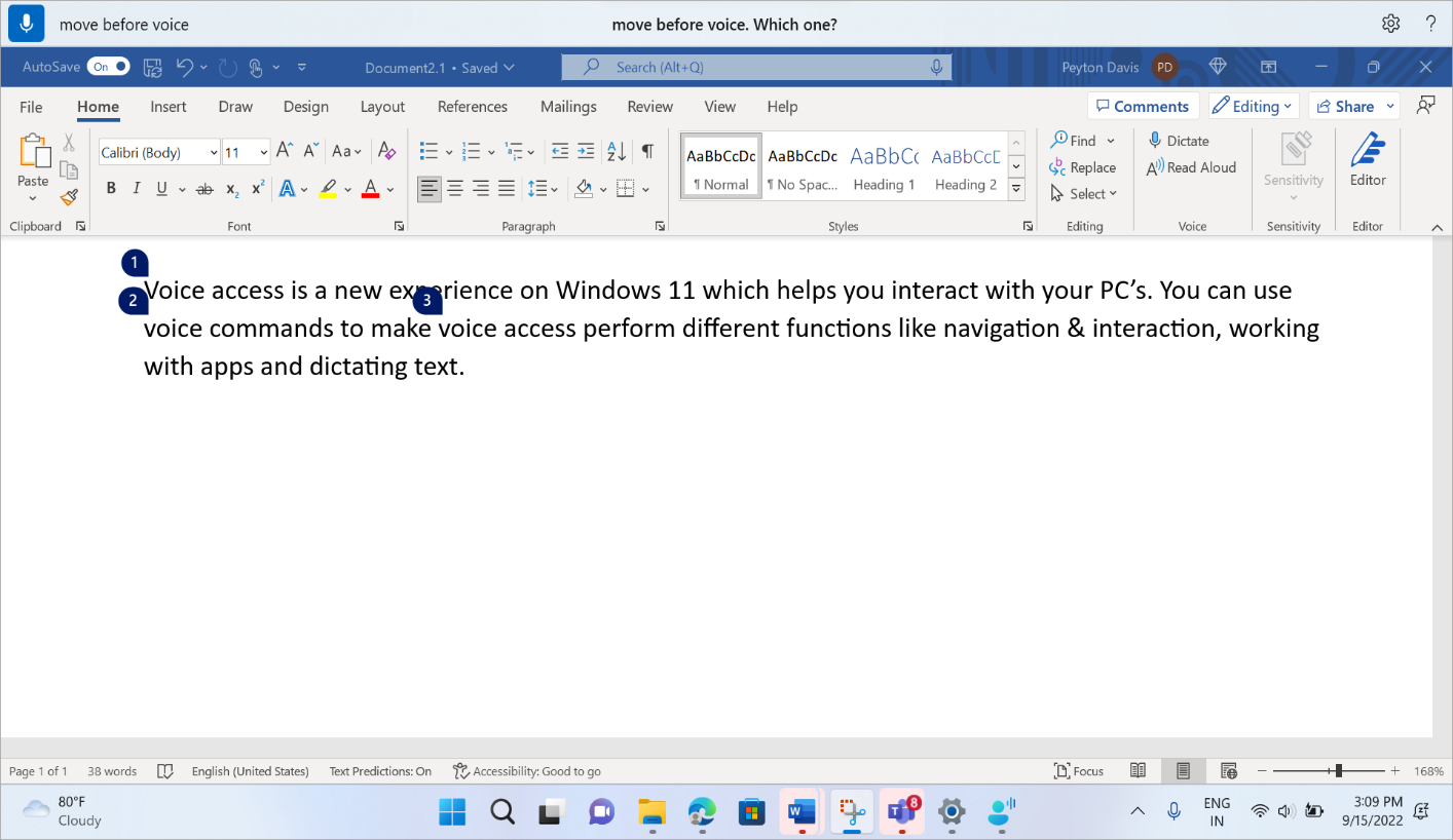 A Word document showing the voice access command to place the focus before the word voice.