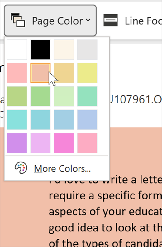 screenshot of the page color dropdown menu for immersive reader. A color palette is shown and the background visible behind the dropdown is pastel orange
