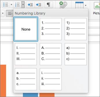 Available numbering style options in the Numbering Library in Outlook for Mac.