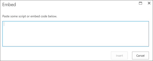 Screenshot of the Embed dialog in SharePoint Online to paste script or embed code for video or audio files and then insert the code.