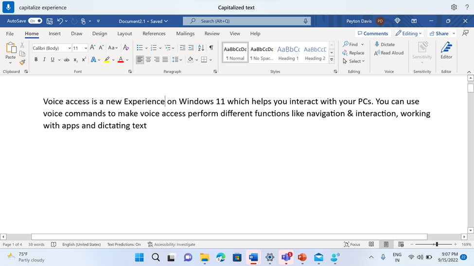 Word document showing the voice access command Capitalize.