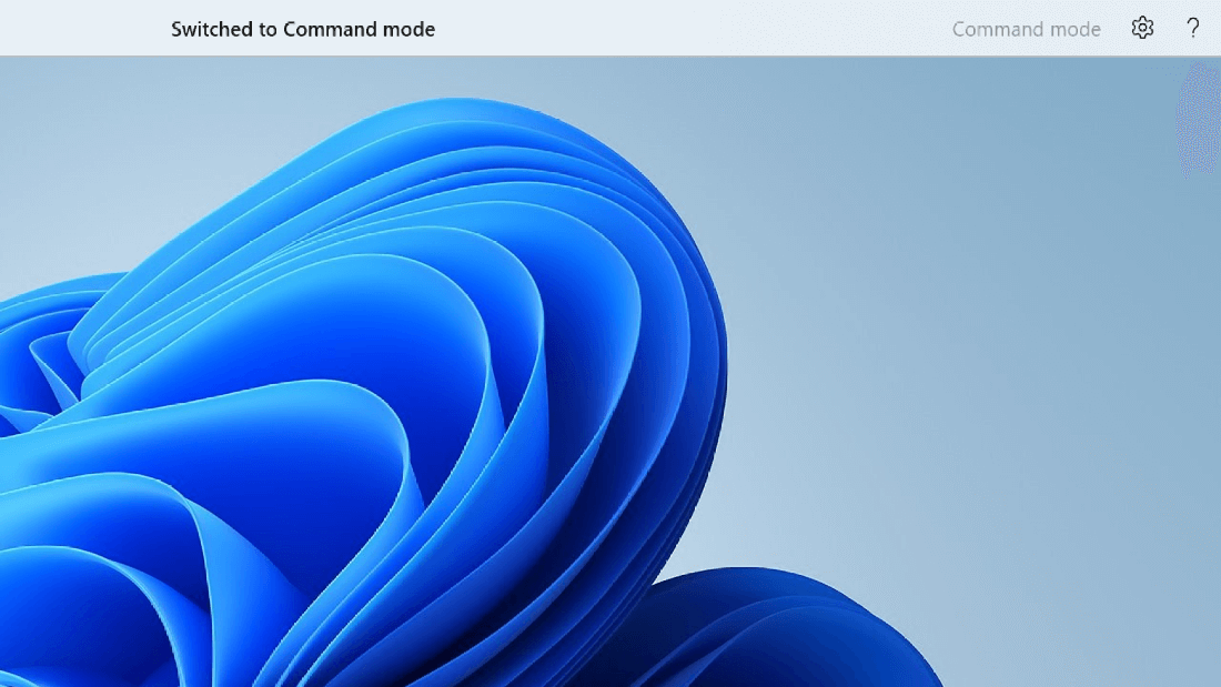 The voice access UI shows command execution feedback as switched to command mode. Before the settings and help buttons we have the text command mode.