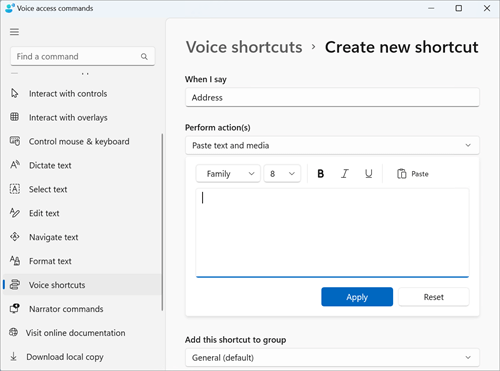 Create new shortcut page with the a shortcut titled Address. The action type is selected as Paste text and media. An edit box to type the address opens after selecting the action type as paste text and media.