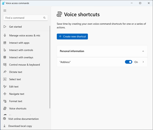 Voice shortcuts page showing the customized groups for your shortcuts. The Address shortcut is nested under the Personal information group.