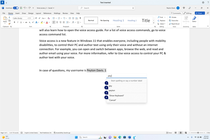 Spelling window showing suggestions as few characters are dictated. User has dictated p e y and suggestions pey and peyton show up with number labels.