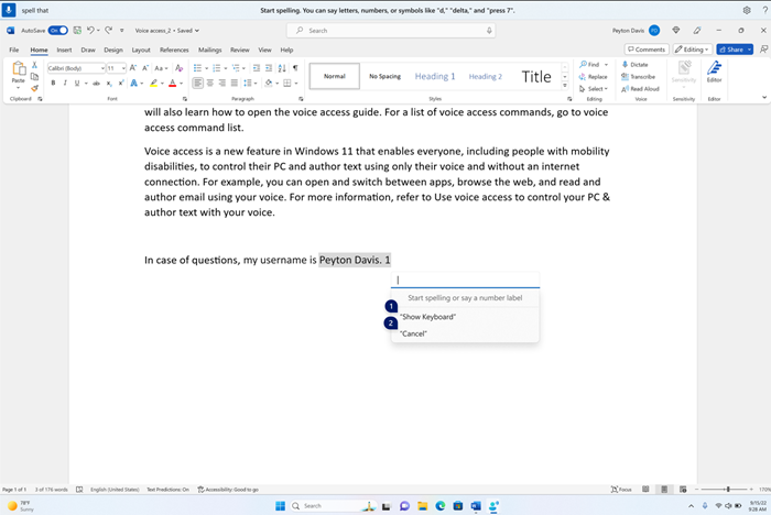 Spelling window is floating on top of the Word application, with empty text box and options to show keyboard or cancel with number labels.