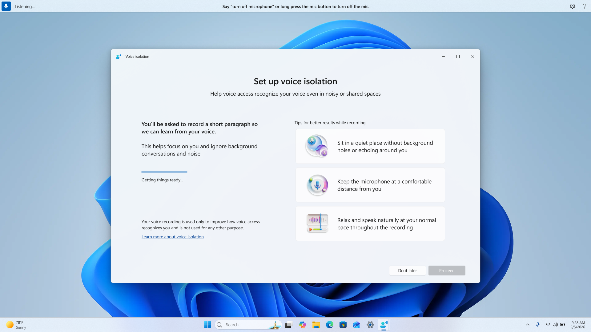 Screenshot showing pop-up message explaining how to set up Voice Isolation on a device to improve voice recognition in noisy environments.