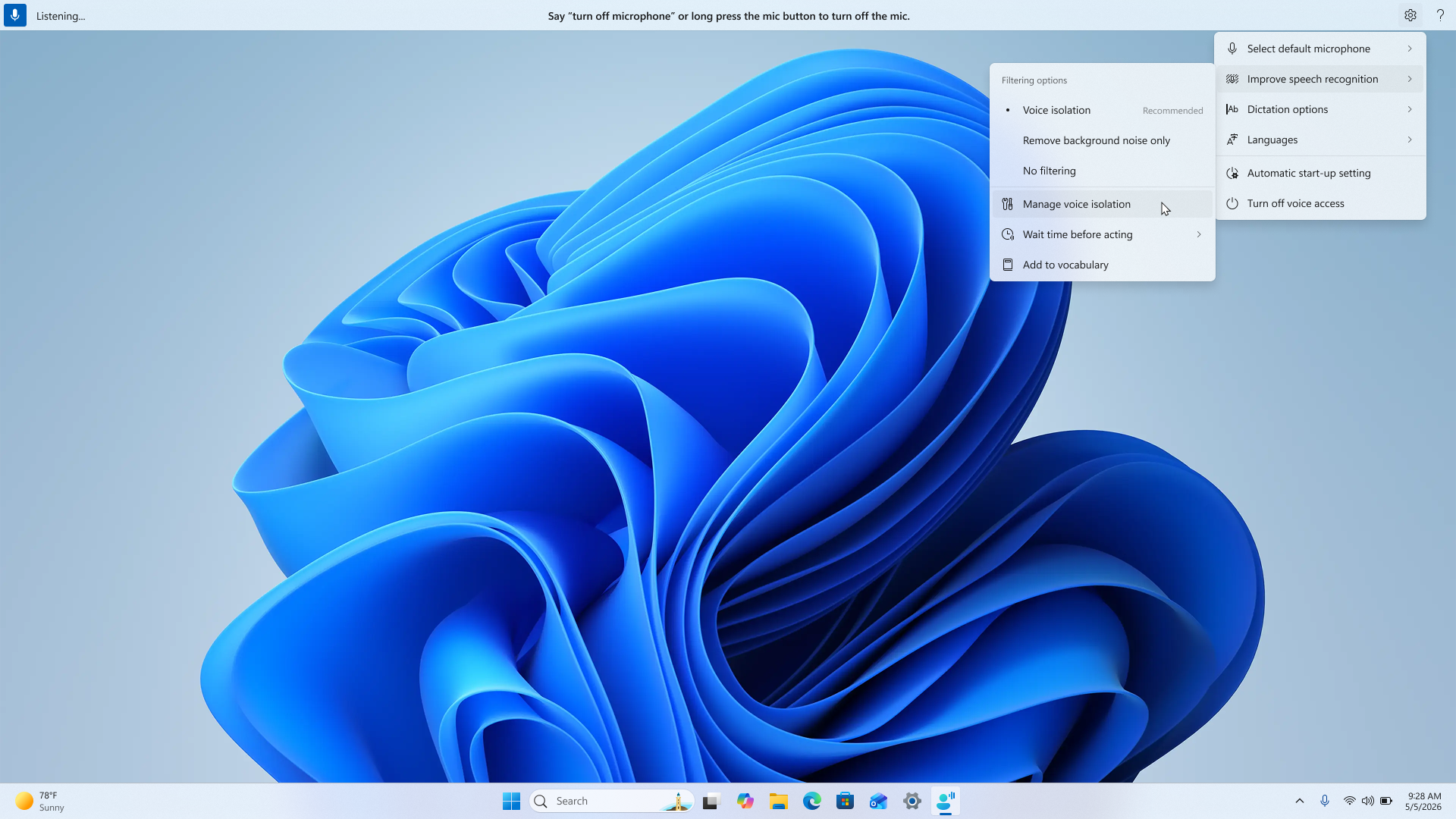 Screenshot showing voice assistant settings featuring a swirling blue cloud shape and options for adjusting voice recognition and microphone settings.