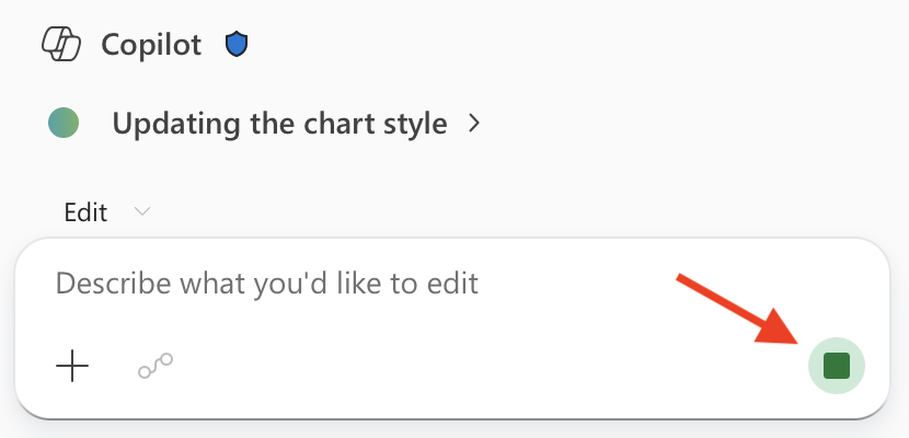 Screenshot of the Copilot in Excel chat field with the Stop button highlighted.