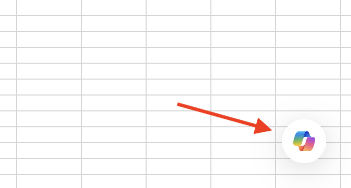 Screenshot of the Copilot in Excel button with a red arrow pointing to the button.