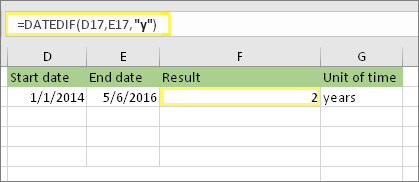 =DATEDIF(D17,E17,y) and result: 2