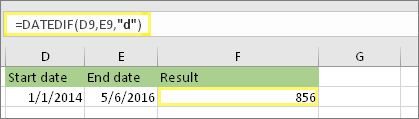 =DATEDIF(D9,E9,d) with result of 856