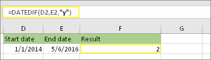 =DATEDIF(D2,E2,y) and result: 2