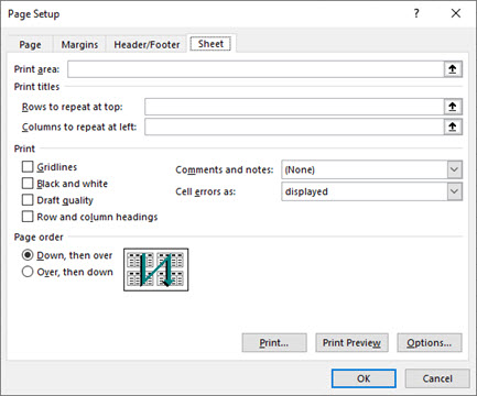 Excel Page Setup Sheet tab options