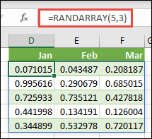 RANDARRAY function in Excel. RANDARRAY(5,3) returns random values between 0 and 1 in an array thats 5 rows tall by 3 columns wide.