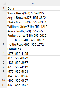 REGEXEXTRACT is used to extract multiple phone numbers of a specific format from mixed text, using the pattern [0-9()]+ [0-9-]+