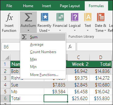 You can use the AutoSum Wizard to automatically build a Sum formula. Select a range above/beneath or left/right of the range to be summed and goto the Formula tab on the Ribbon, then select AutoSum & SUM.