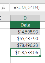 Use the SUM function instead of hard-coding values in formulas. Formula in cell D5 is =SUM(D2:D4)