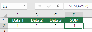 Proper formula construction. Instead of =A2+B2+C2, cell D2s formula is =SUM(A2:C2)