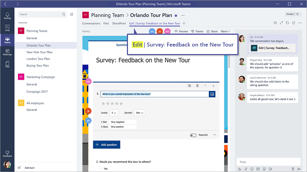 Screenshot that shows Forms tab in Microsoft Teams that shows a form in Edit mode