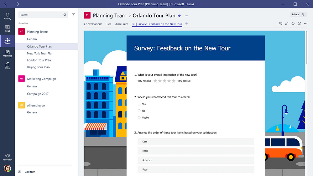 Forms tab in Microsoft Teams that shows a form in Fill mode