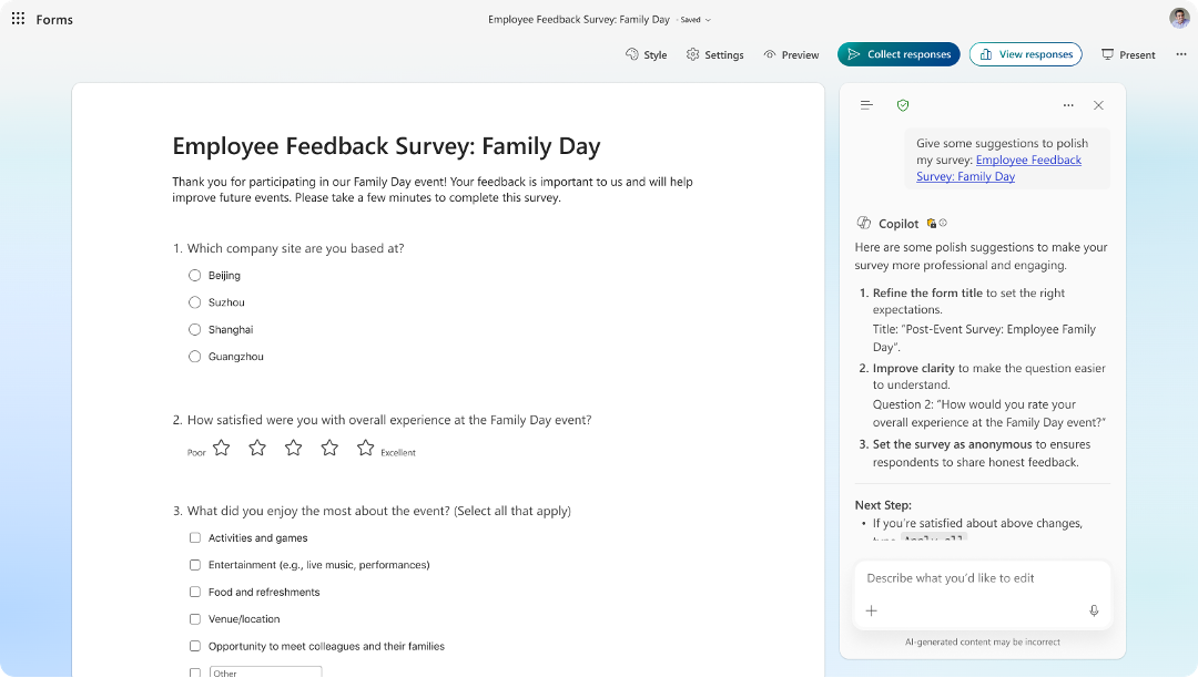 Screenshot of Employee Feedback Survey form with Copilot suggestions panel offering improvements.