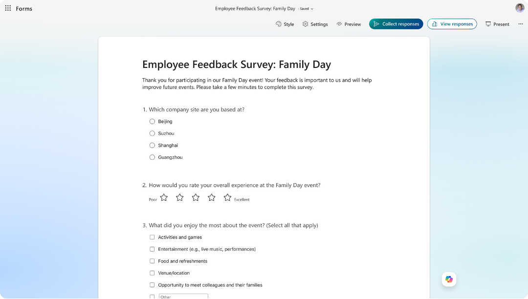 Screenshot that shows Employee Feedback Survey in Microsoft Forms with event rating and feedback questions.