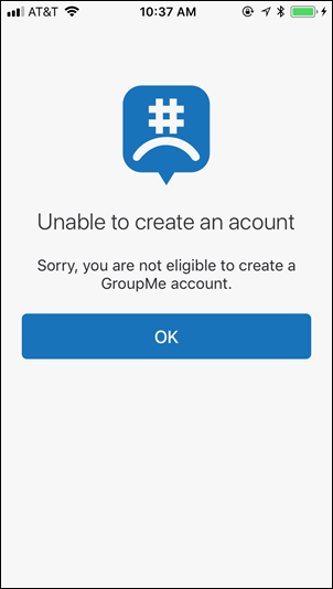 The Unable to create an account (birthday) screen in GroupMe